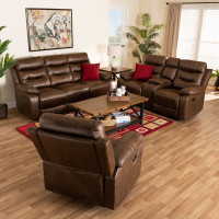 Baxton Studio RR5227-Dark Brown-3PC Living Room Set Baxton Studio Beasely Modern and Contemporary Distressed Brown Faux Leather Upholstered 3-Piece Living Room Set